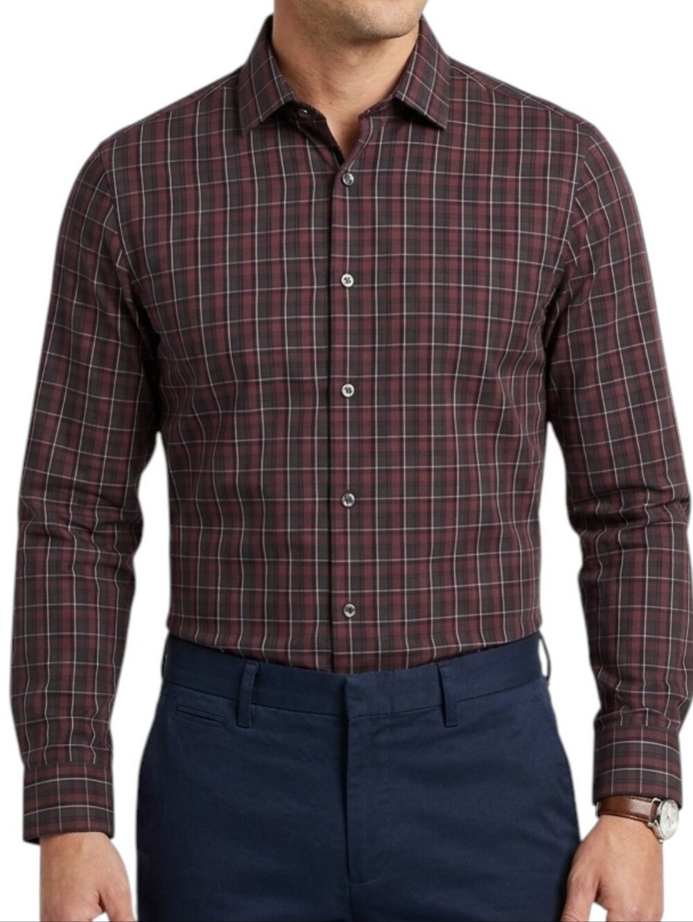 Kenneth Cole Mens Non Iron Plaid Dress Shirt Slim Fit 16 1/2 34/35 Burgundy